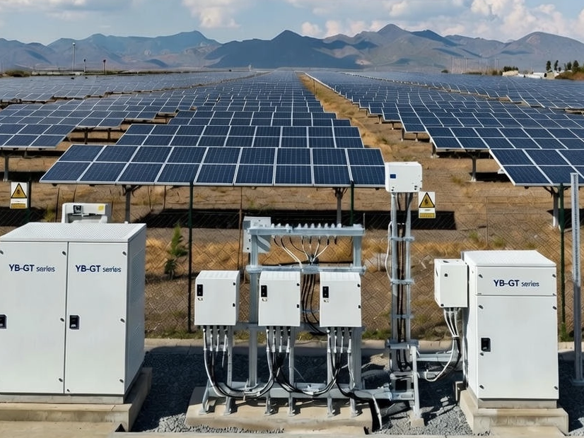 Aerial view of solar panels with substations